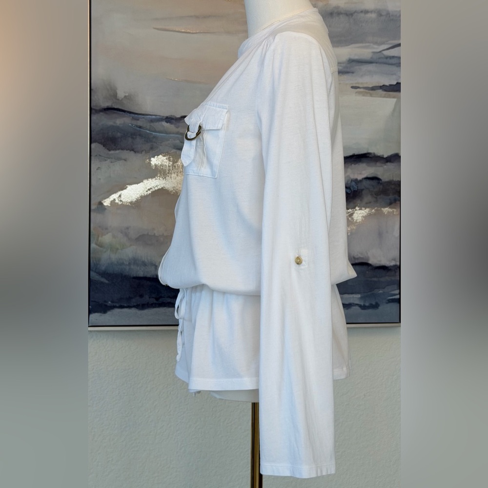 Michael Kors White Cotton Utility Shirt with Gold MK Hardware & Drawstring Waist - Picture 9 of 16